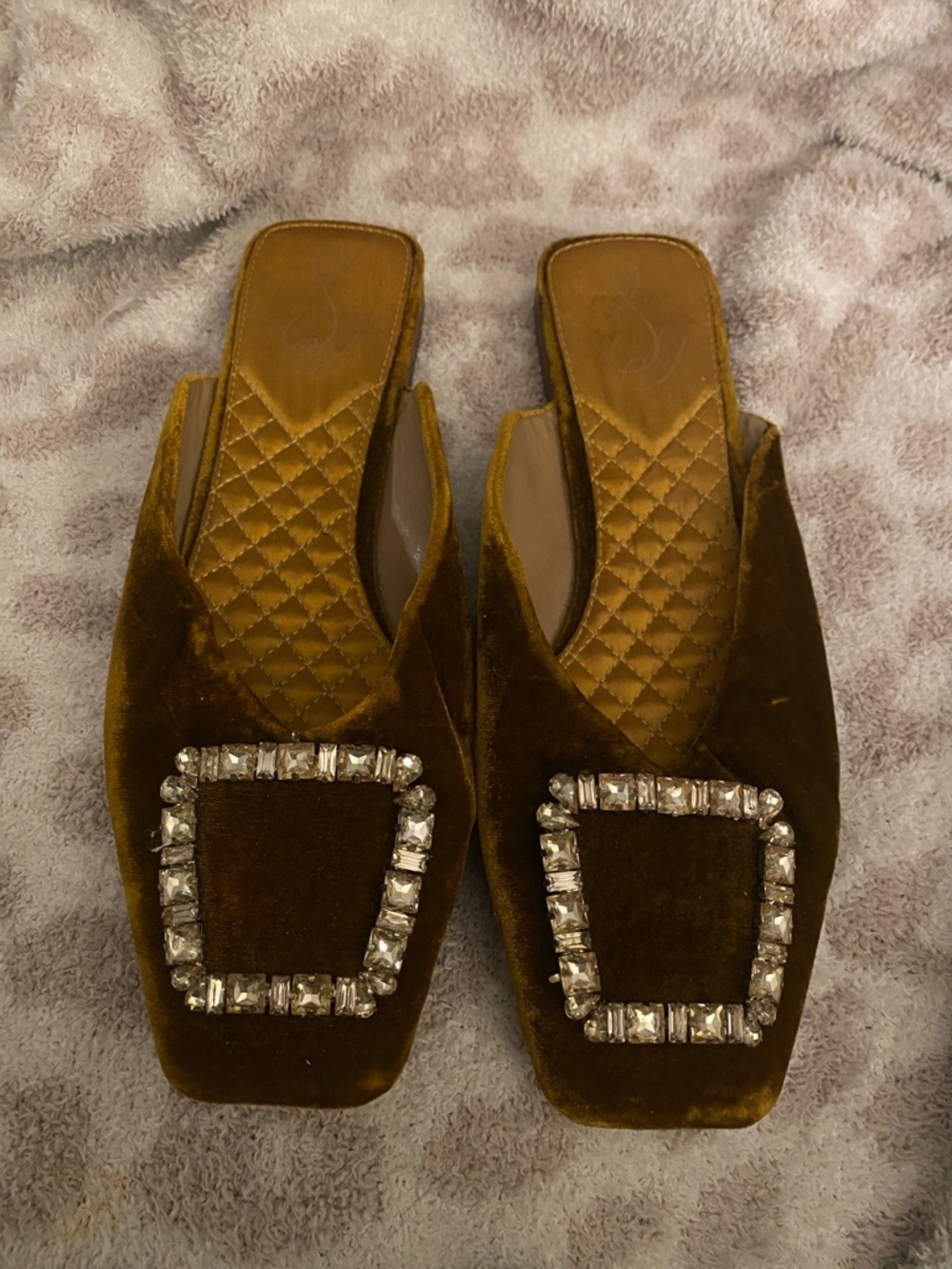 Sam Edelman Olive Velvet Slide Mules with Crystal Buckle Accent